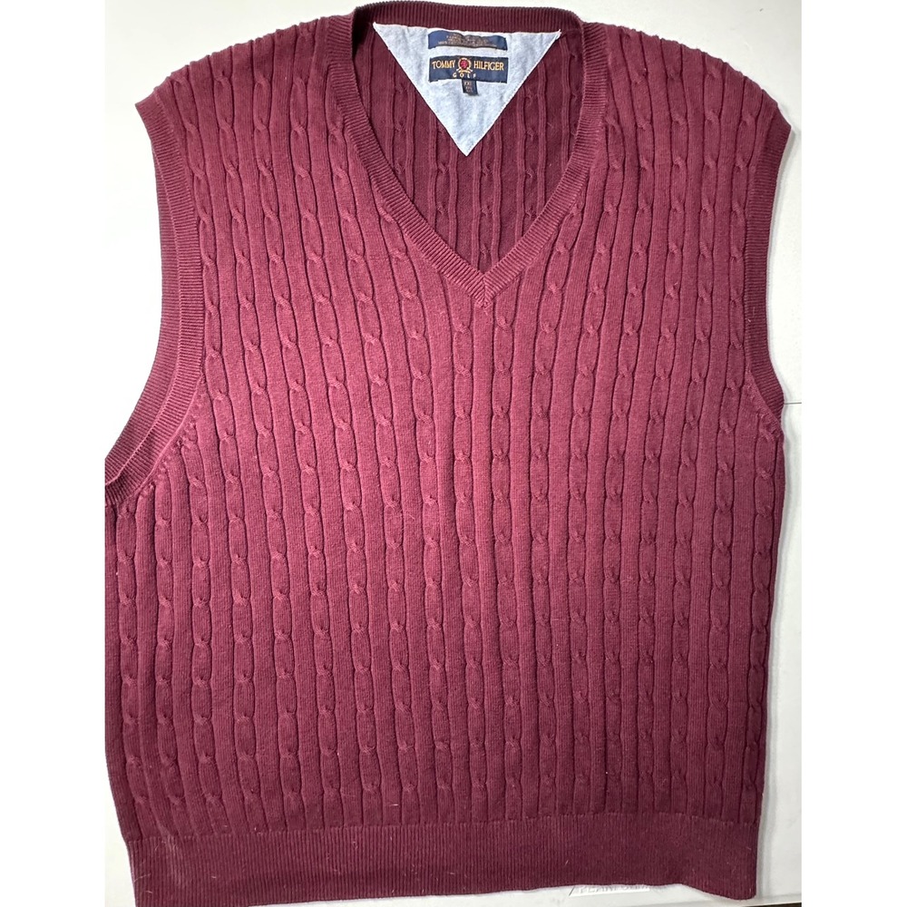 VTG Tommy Hilfiger Golf Sweater Vest Mens XXL Burgundy Cable Knit Cotton V-Neck